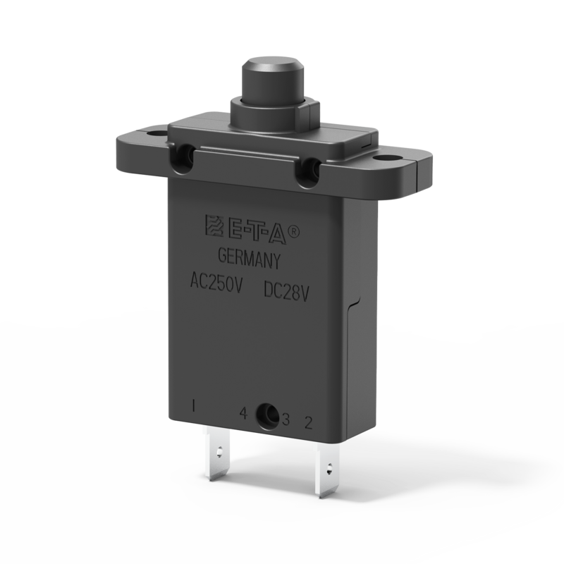 Typ 2-5000 von E-T-A: Einpoliger thermischer Schutzschalter mit verschiedenen Montagemöglichkeiten.