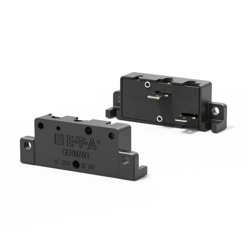 Typ 2-6500 von E-T-A: Bimetallbetätigtes, selbstrückstellendes, einpoliges Überstromschutzrelais in platzsparender Bauweise.