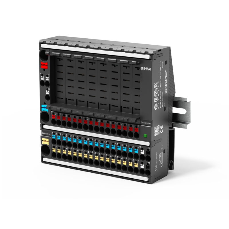 Typ Modul 18plus von E-T-A: eine kompakte Verdrahtungslösung für alle Last- und Signalleitungen der DC 24 V-Steuerspannung.